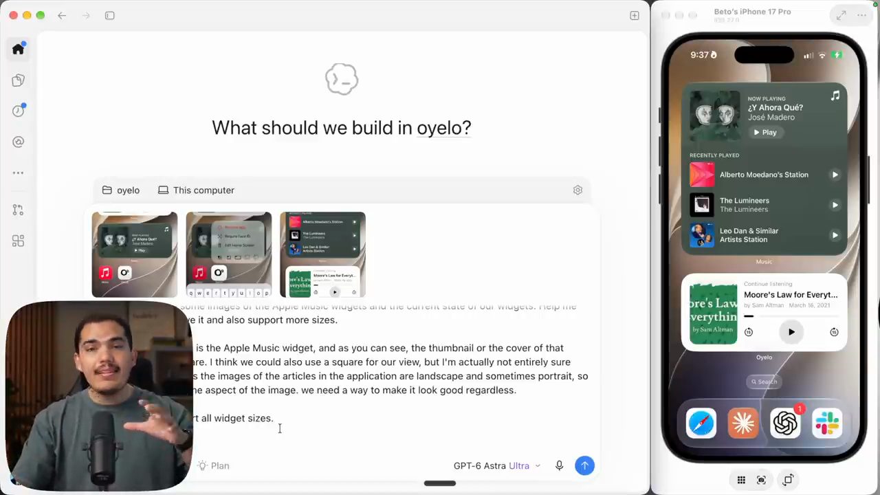 Codex với câu hỏi What should we build in oyelo, ba ảnh chụp widget đính kèm và prompt dài, model GPT-6 Astra Ultra