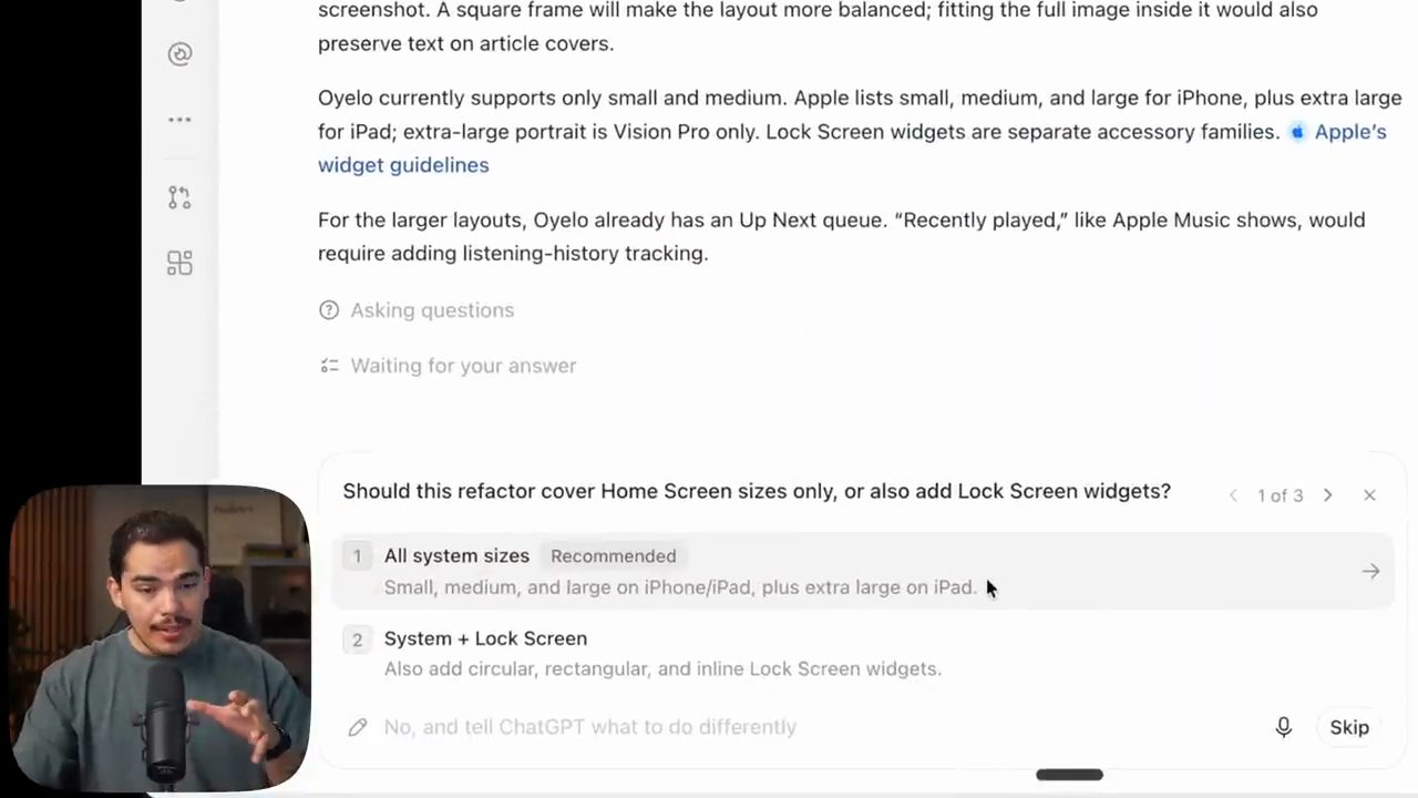 Codex trình bày Oyelo hiện chỉ hỗ trợ small và medium, rồi hỏi Should this refactor cover Home Screen sizes only, or also add Lock Screen widgets