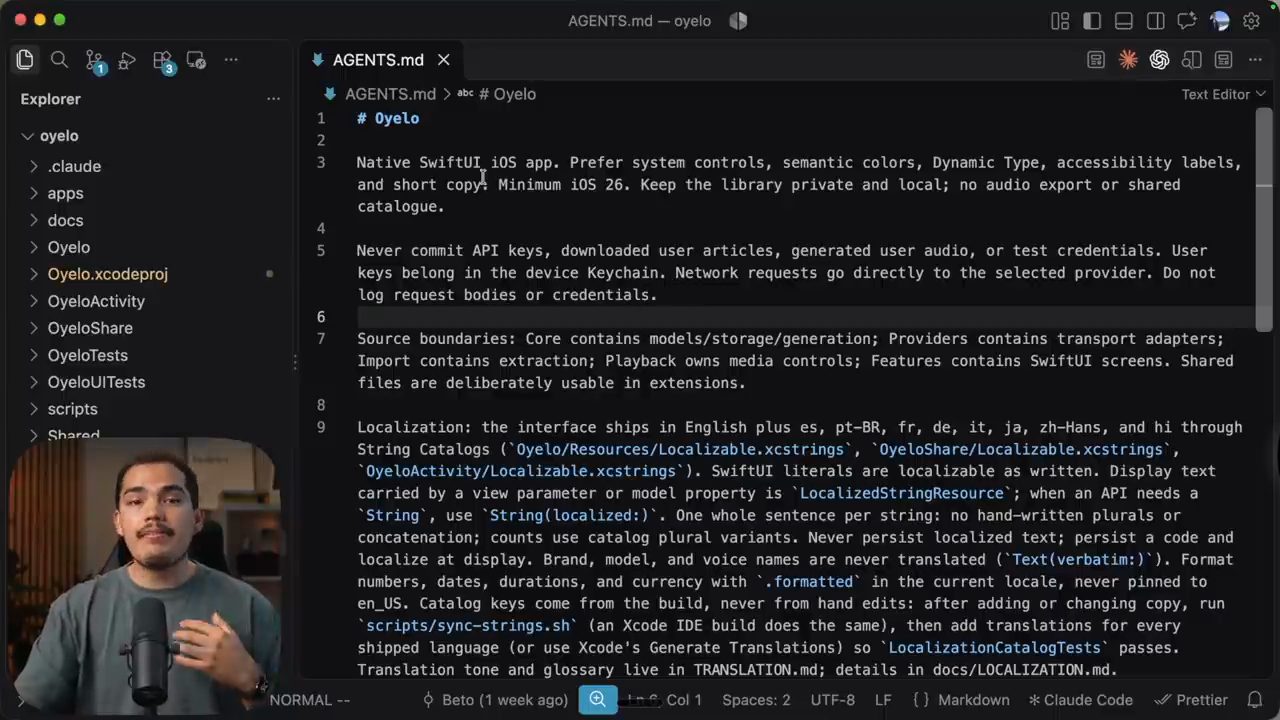File AGENTS.md của project oyelo mở trong editor, cây thư mục bên trái có .claude, apps, docs, Oyelo
