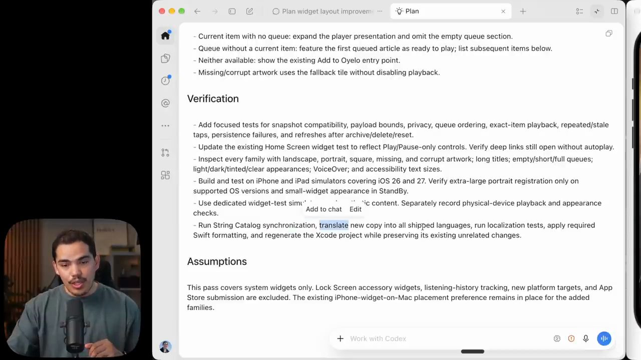 Phần Verification và Assumptions trong plan Oyelo widget redesign của Codex