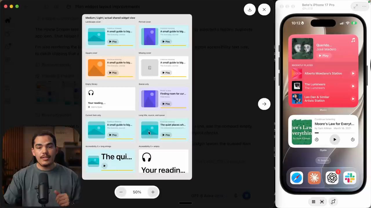 Ảnh agent tự tạo: lưới widget Oyelo cỡ medium với các trường hợp Landscape cover, Portrait cover, Square cover, Missing cover, Empty library, Queue only, Accessibility