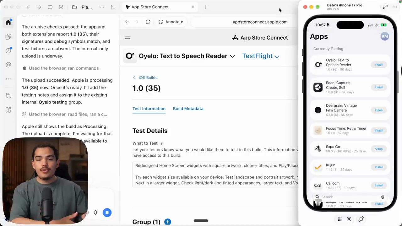 App Store Connect, TestFlight của Oyelo: Text to Speech Reader, build 1.0 (35) với Test Details; bên trái Codex báo upload thành công