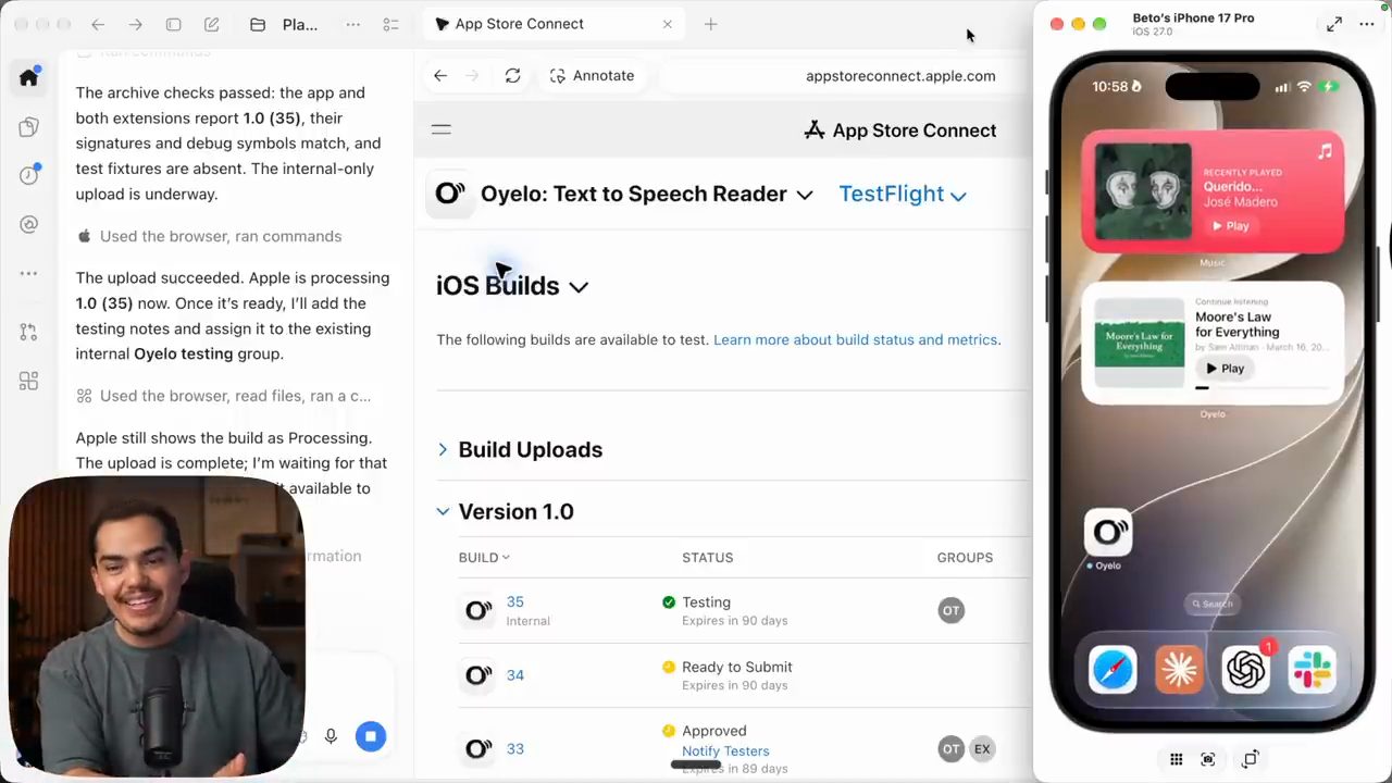 App Store Connect hiện build 35 Internal ở trạng thái Testing; iPhone bên phải với widget Oyelo mới có ảnh bìa vuông Moore's Law for Everything
