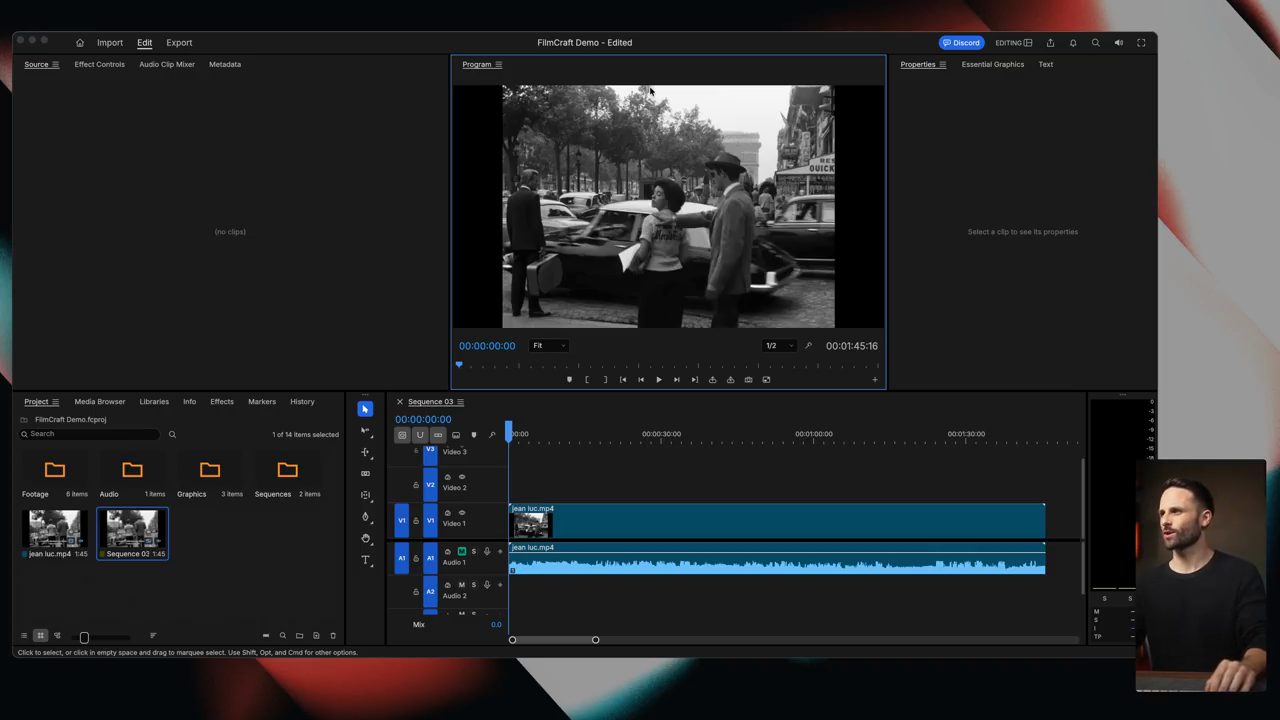 Giao diện FilmCraft với panel Program, Project và timeline giống Premiere Pro