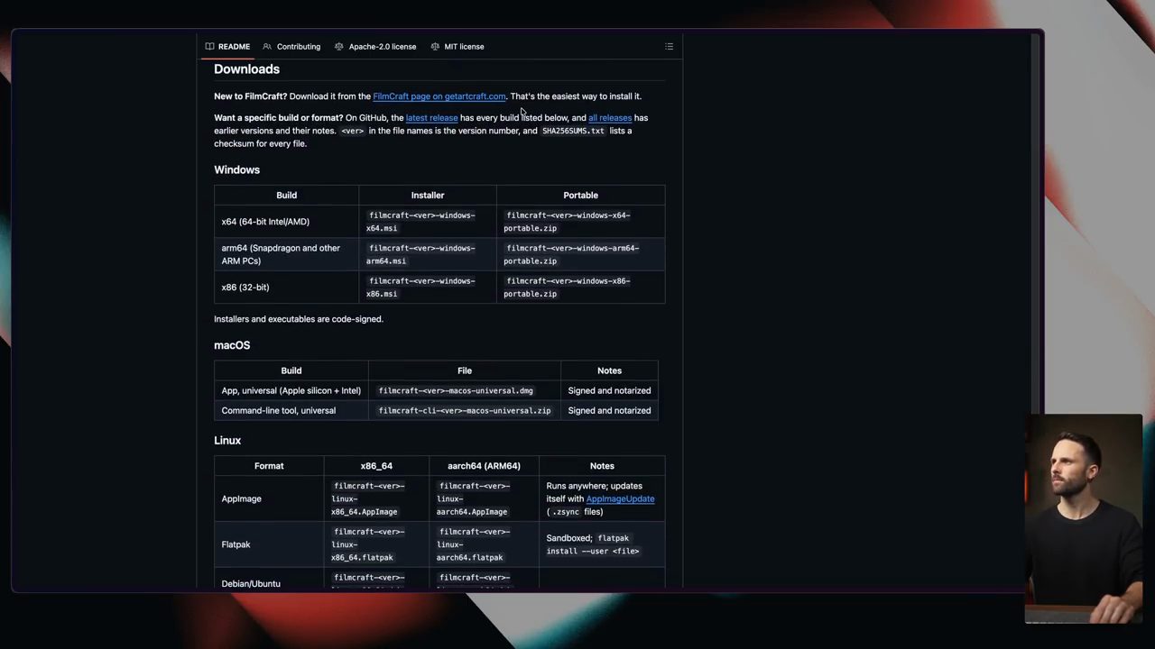 Mục Downloads trong README của FilmCraft trên GitHub, bảng bản Windows, macOS và Linux