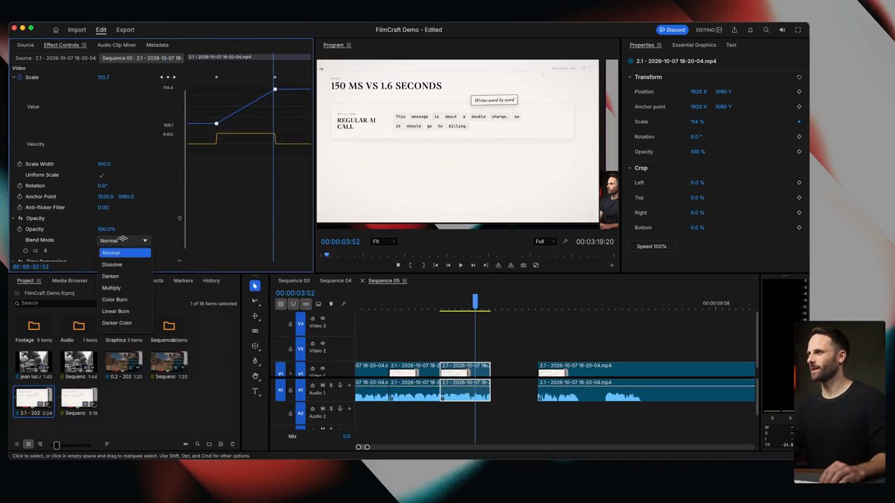 Effect Controls trong FilmCraft với đồ thị keyframe Scale và menu Blend Mode đang mở