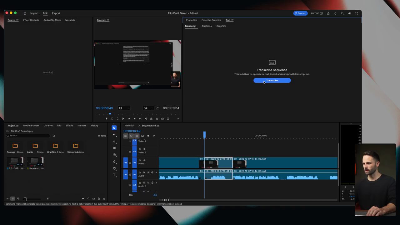 Panel Text của FilmCraft với nút Transcribe sequence và thông báo bản build không có speech-to-text