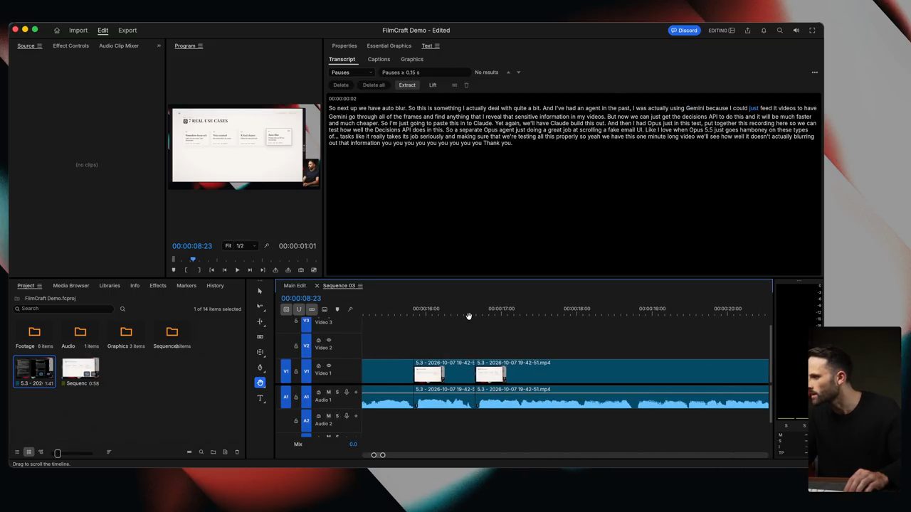 Panel Text của FilmCraft ở bộ lọc Pauses với bản chữ của clip và timeline đã bị cắt