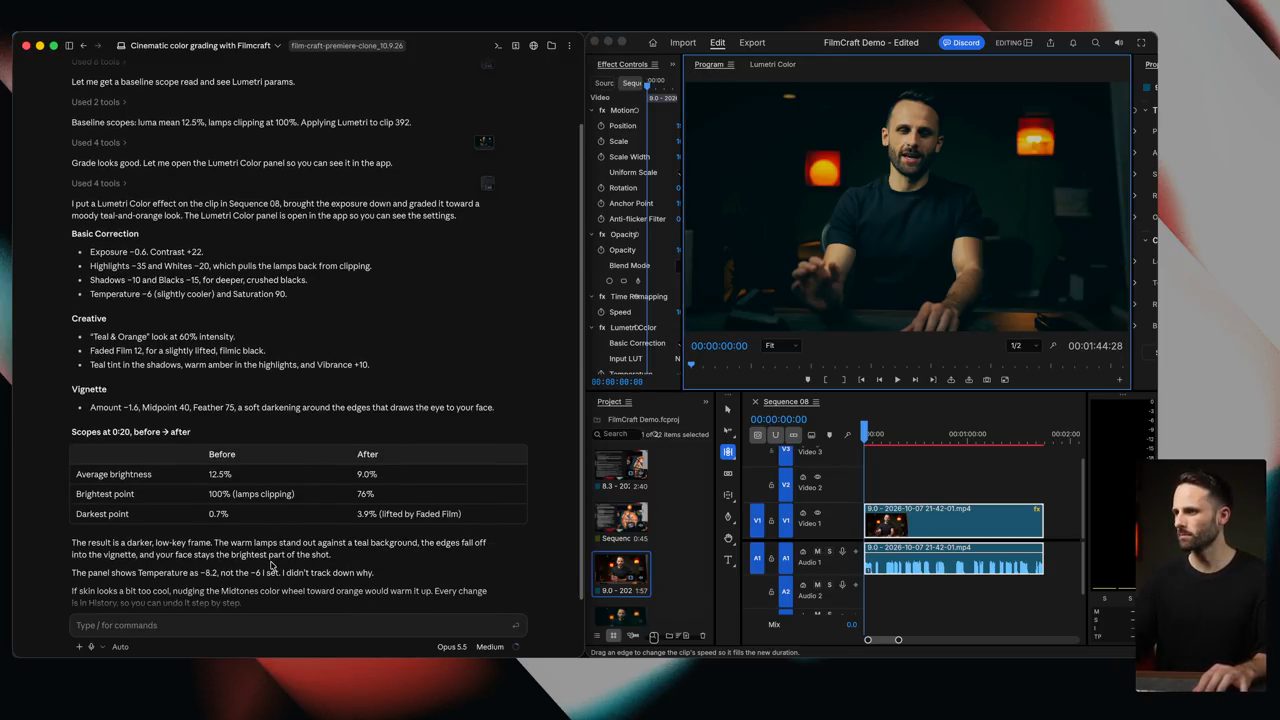 Claude báo cáo color grade bằng Lumetri Color bên trái, FilmCraft hiển thị clip talking head đã grade bên phải