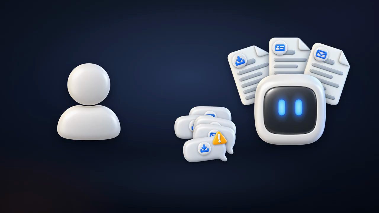 Hình minh hoạ: một người bên trái, bên phải là một robot ôm ba tài liệu có biểu tượng tải về, thẻ danh bạ và phong thư, cùng một chồng tin nhắn có dấu cảnh báo