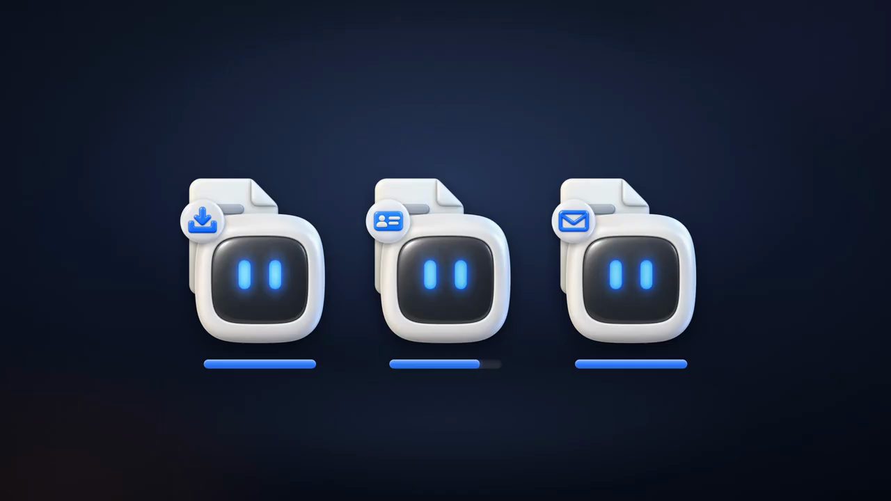Ba robot đứng cạnh nhau, mỗi robot có một tài liệu phía sau với biểu tượng riêng: tải về, thẻ danh bạ, phong thư; bên dưới mỗi robot là một thanh tiến độ