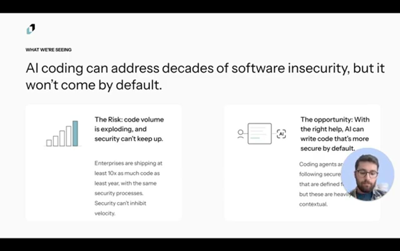 Slide What we're seeing: AI coding can address decades of software insecurity, but it won't come by default; hai cột The Risk và The opportunity
