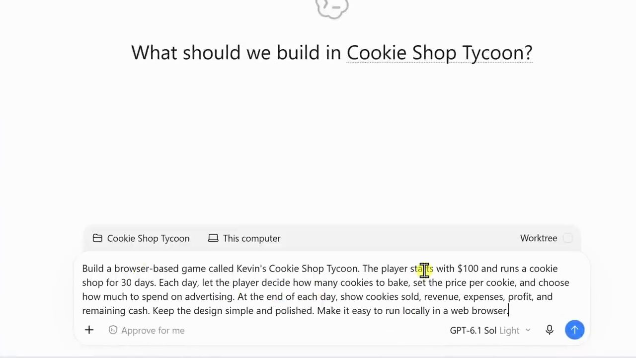 Ô prompt của Codex với câu hỏi What should we build in Cookie Shop Tycoon và prompt mô tả game