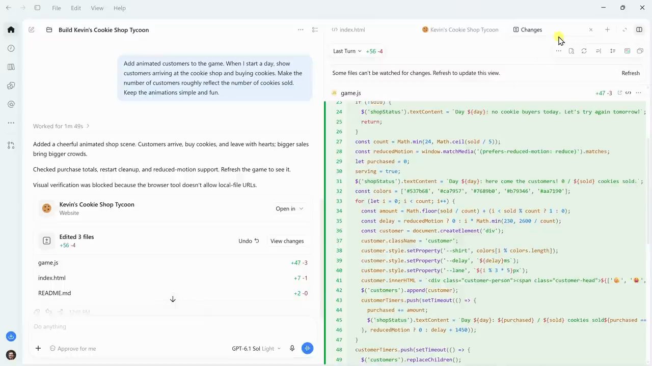Codex hiện prompt thêm khách hàng animation, danh sách 3 file đã sửa và diff của game.js