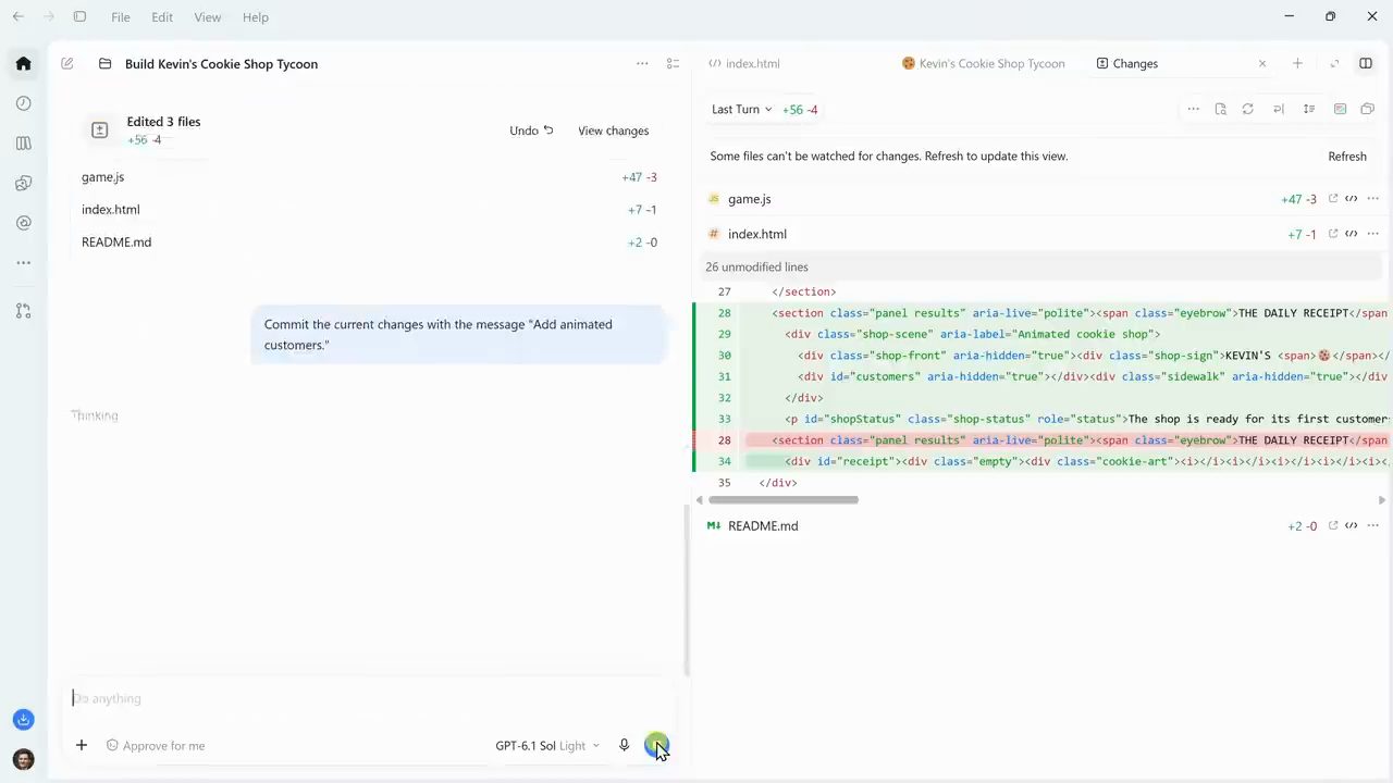 Codex nhận prompt commit, bên phải là diff của index.html với dòng xanh và đỏ