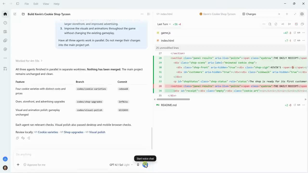 Bảng kết quả ba agent với tính năng, branch và commit