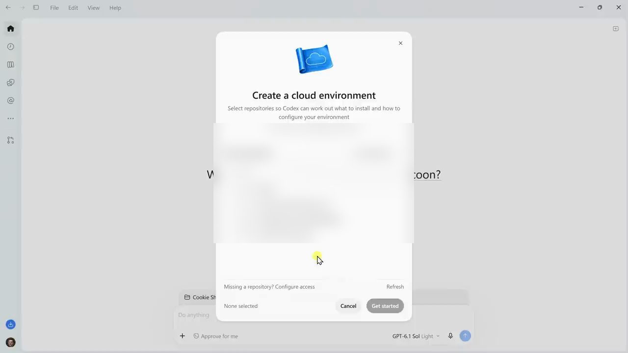 Hộp thoại Create a cloud environment với danh sách repository để chọn