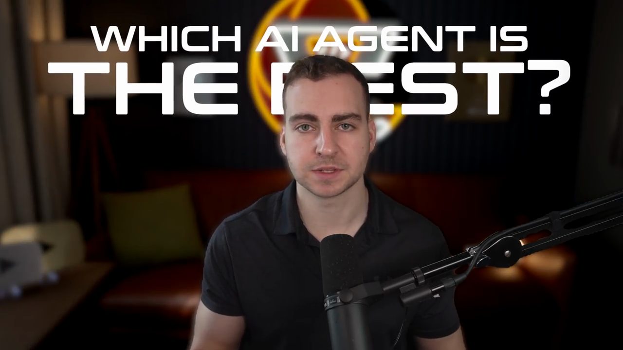 Tim Ruscica trước camera với dòng chữ Which AI agent is the best?