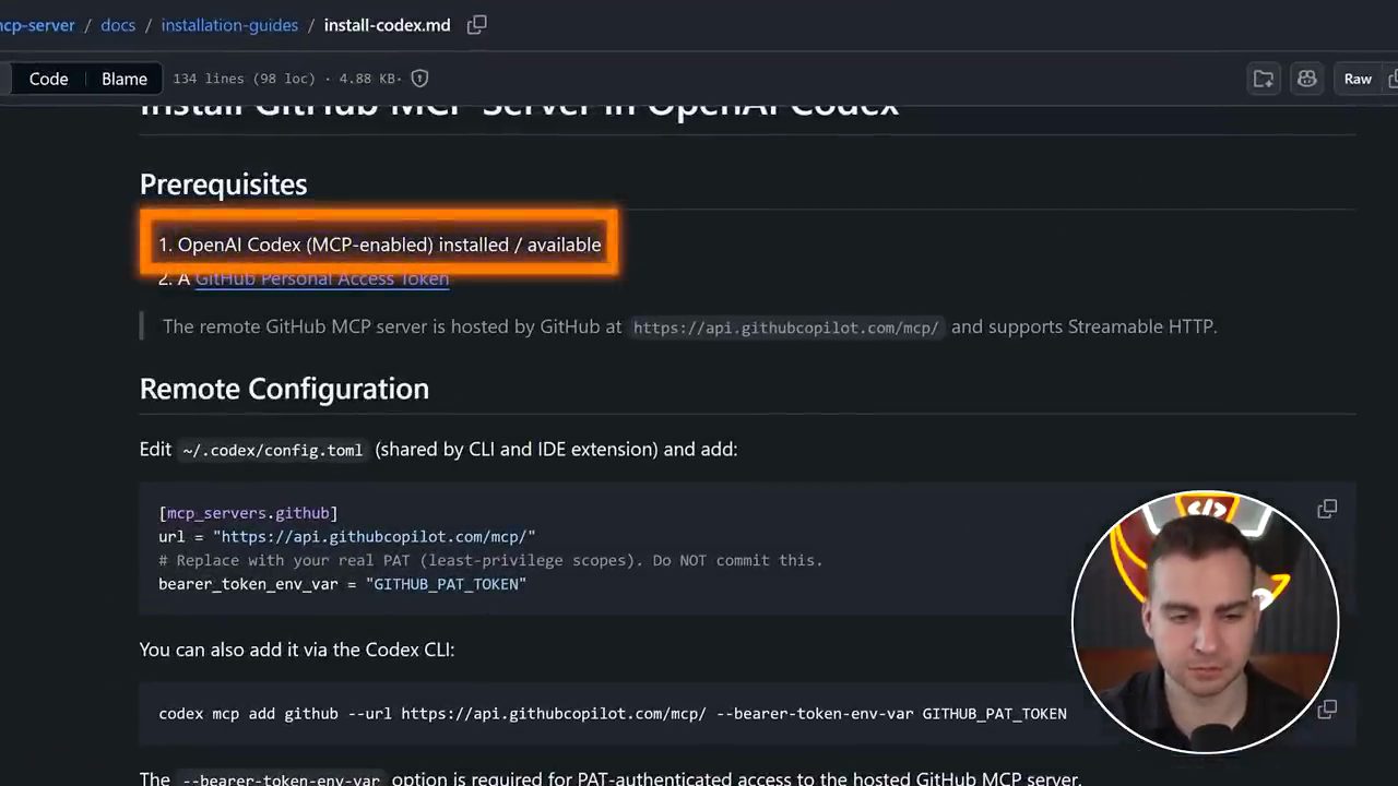 Trang install-codex.md của github-mcp-server với phần Prerequisites và Remote Configuration