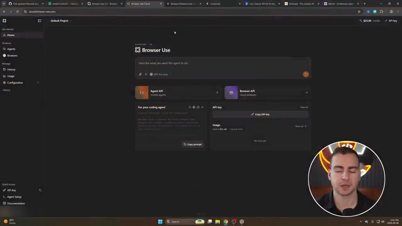 Dashboard Browser Use với ô mô tả task, Agent API, Browser API và Copy prompt cho coding agent