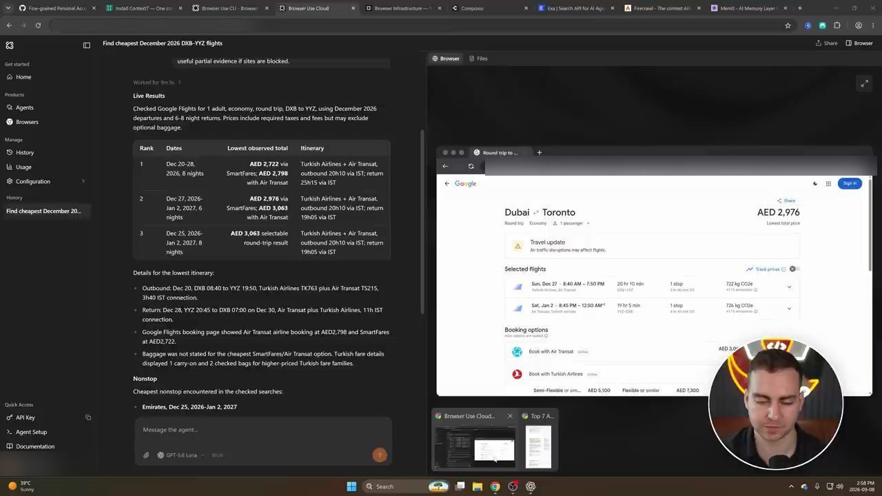 Session Browser Use với bảng ba lựa chọn vé Dubai Toronto bên trái và Google Flights bên phải