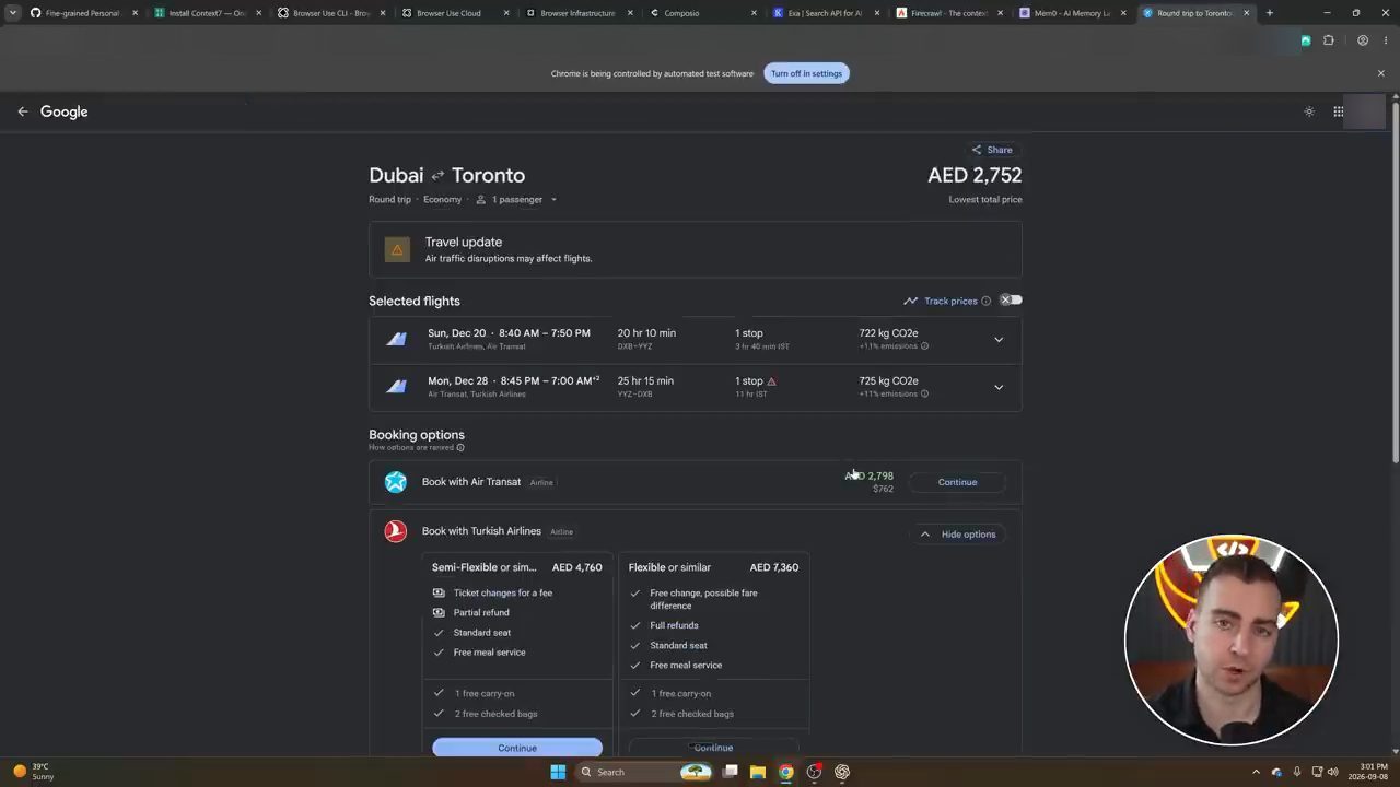 Chrome trên máy Tim mở Google Flights Dubai Toronto, có thanh báo Chrome is being controlled by automated test software