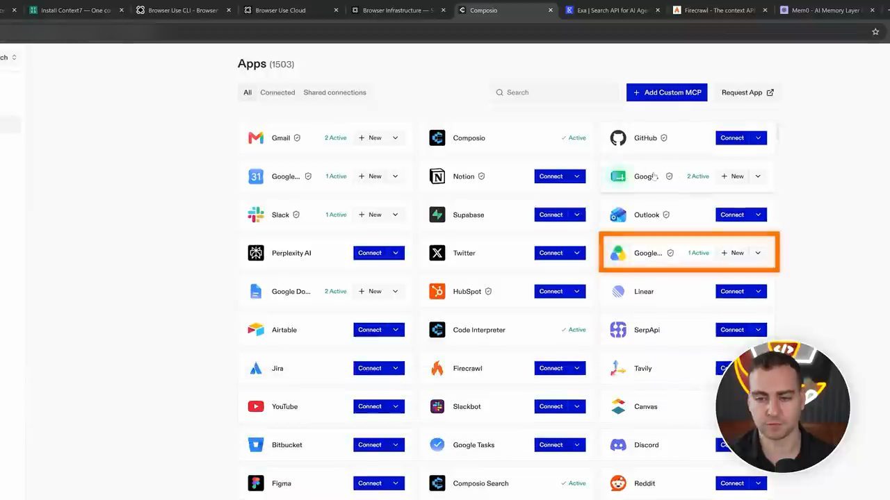 Trang Apps của Composio với các ứng dụng Gmail, Google Calendar, Slack, Notion, GitHub và số tài khoản Active