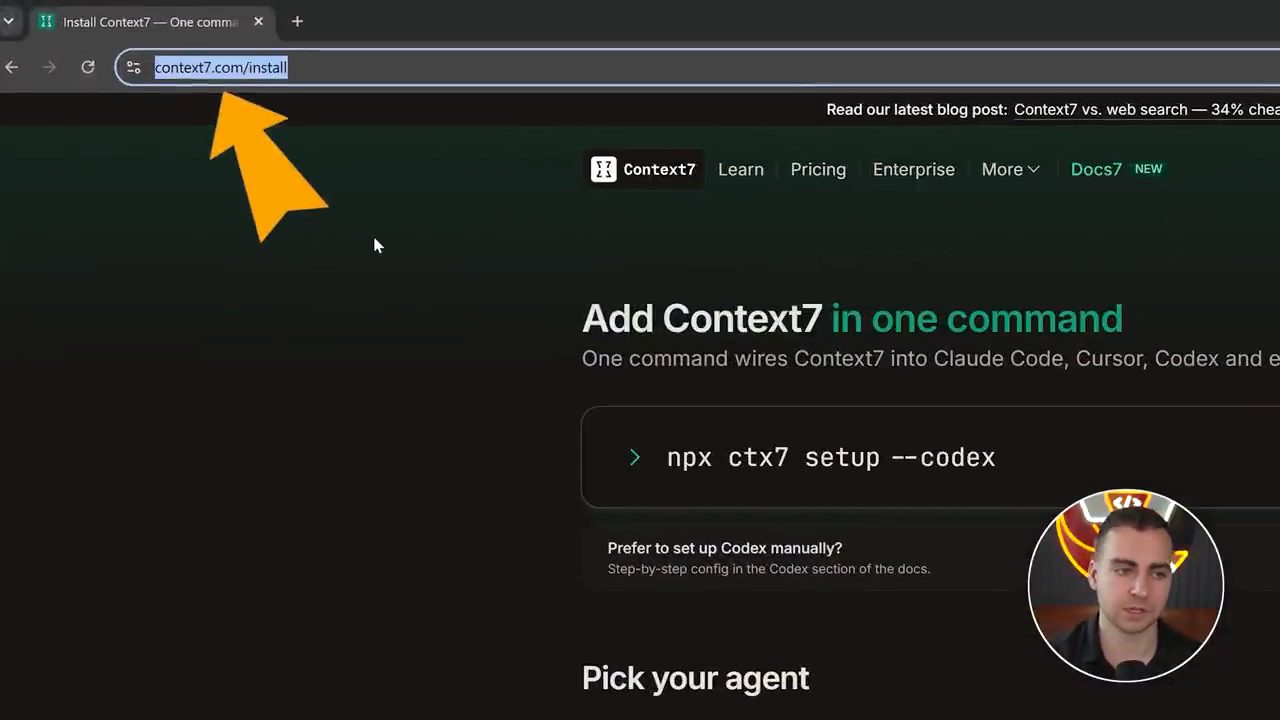 Trang context7.com/install với tiêu đề Add Context7 in one command và lệnh npx ctx7 setup --codex