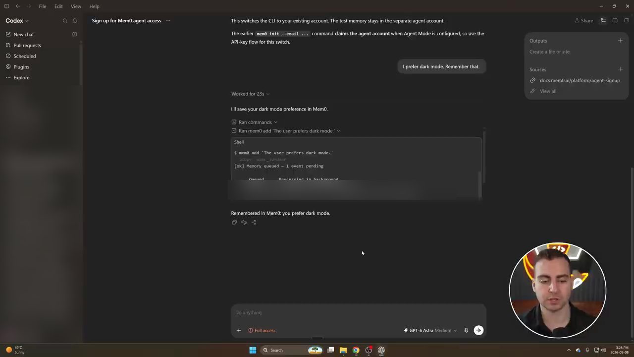 Codex chạy lệnh mem0 add The user prefers dark mode và báo Memory queued