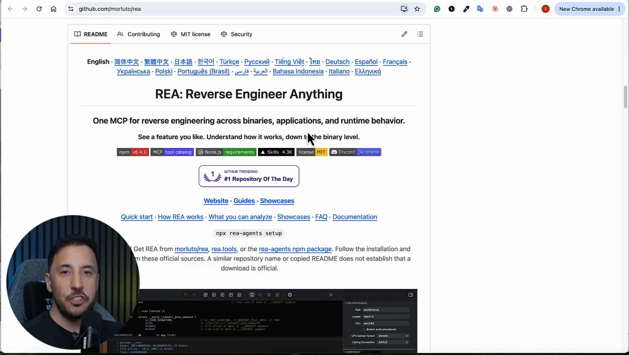 README của repo morluto/rea trên GitHub với tiêu đề REA: Reverse Engineer Anything