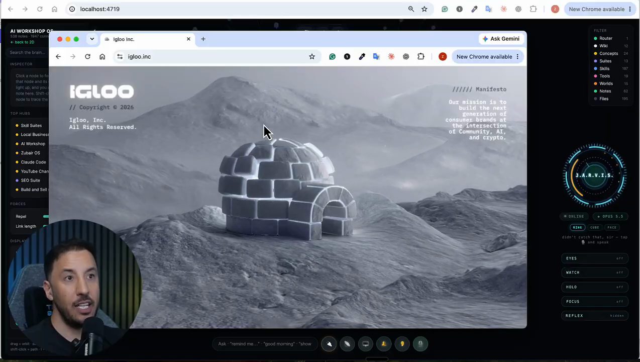 Cửa sổ Chrome mở trang igloo.inc với hình lều tuyết 3D, phía sau là giao diện Jarvis