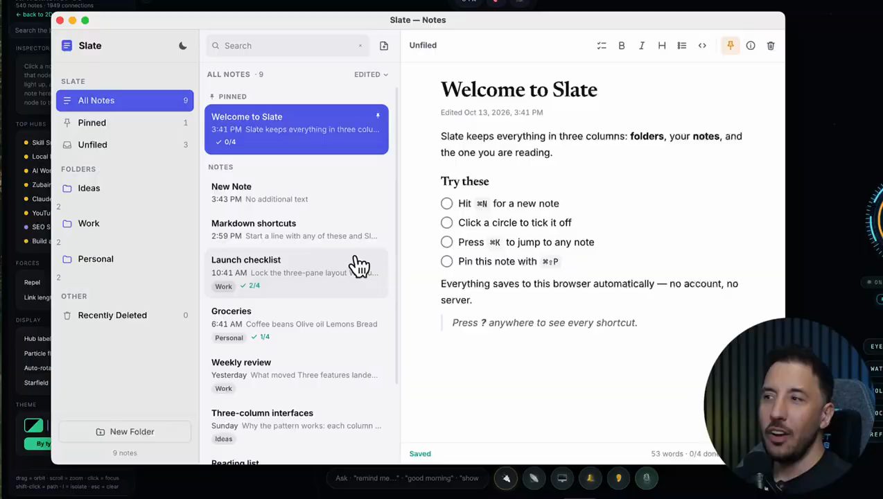 App Slate Notes do Jarvis build với ba cột folder, danh sách note và note đang mở