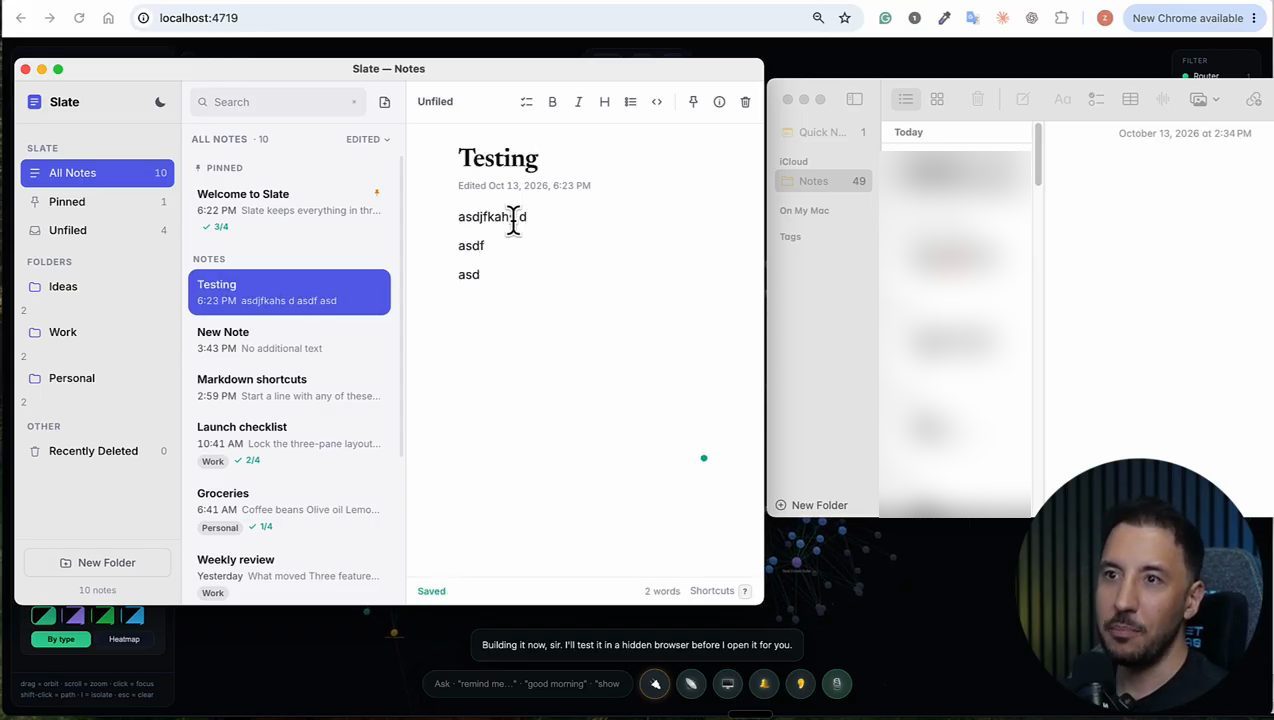 App Slate với note Testing vừa tạo, bên phải là Apple Notes để so sánh