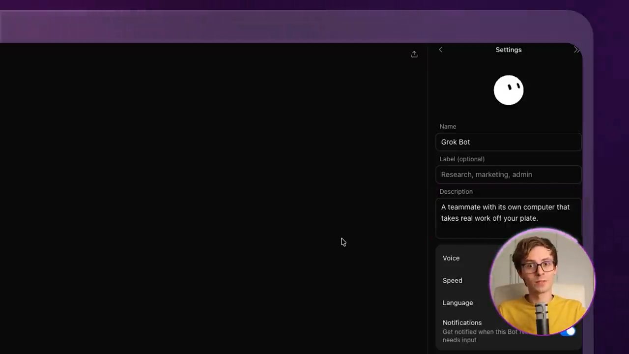 Panel Settings của bot với các ô Name, Label, Description và Voice, Speed, Language, Notifications
