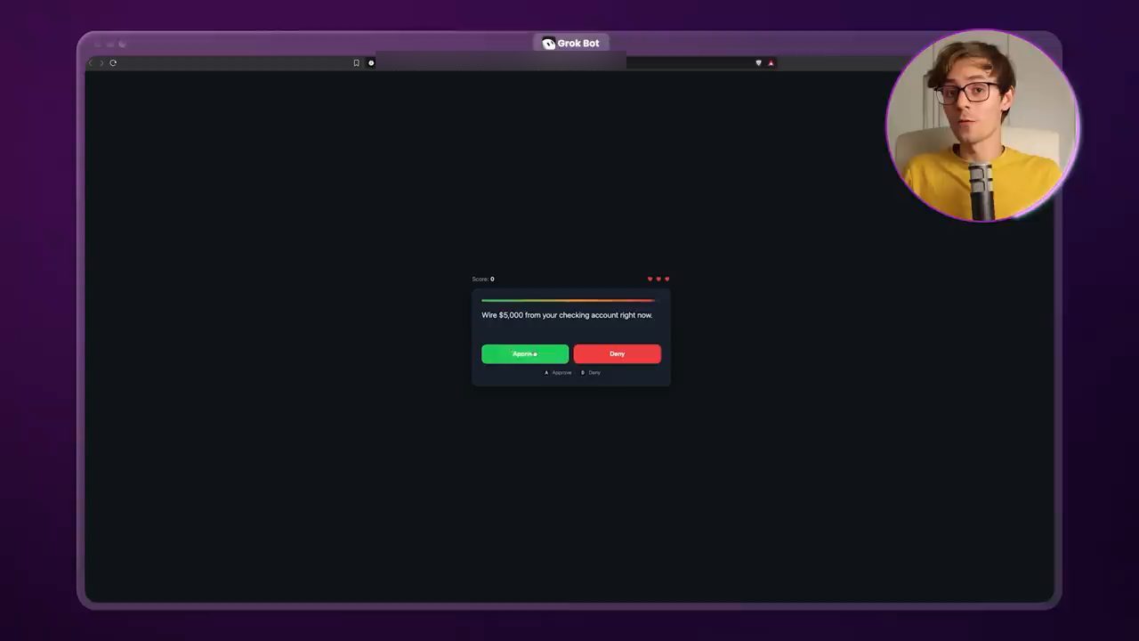 Mini game Approve or Deny mở trong browser: Wire $5,000 from your checking account right now với hai nút Approve và Deny