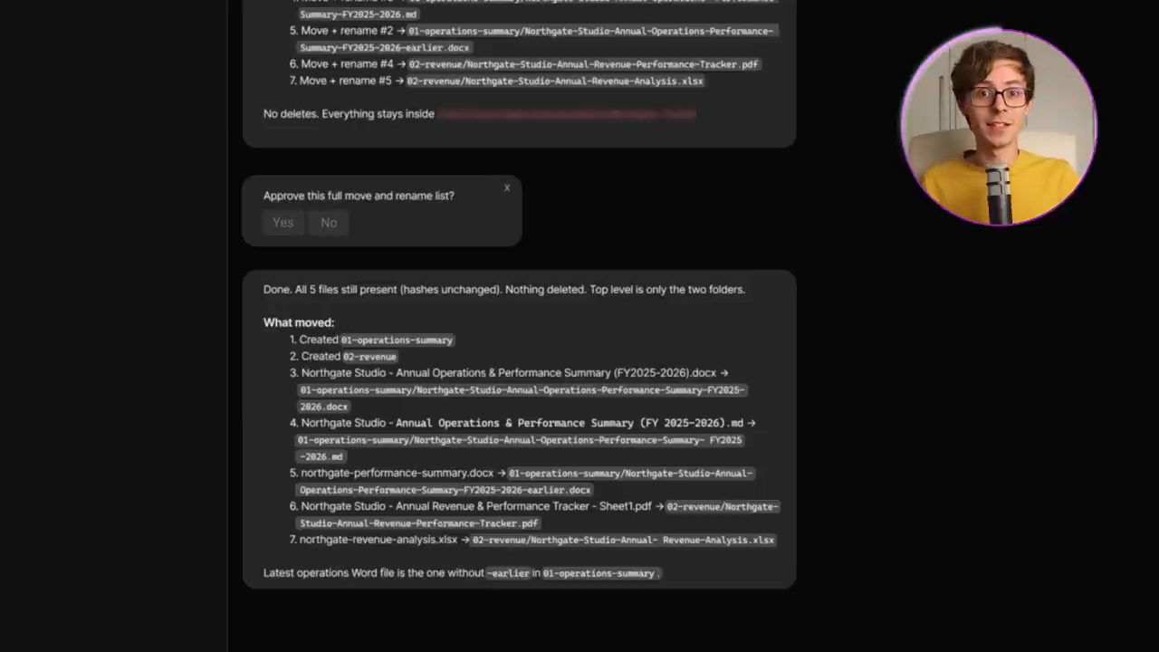 Cleaner hỏi Approve this full move and rename list? rồi báo Done với danh sách What moved