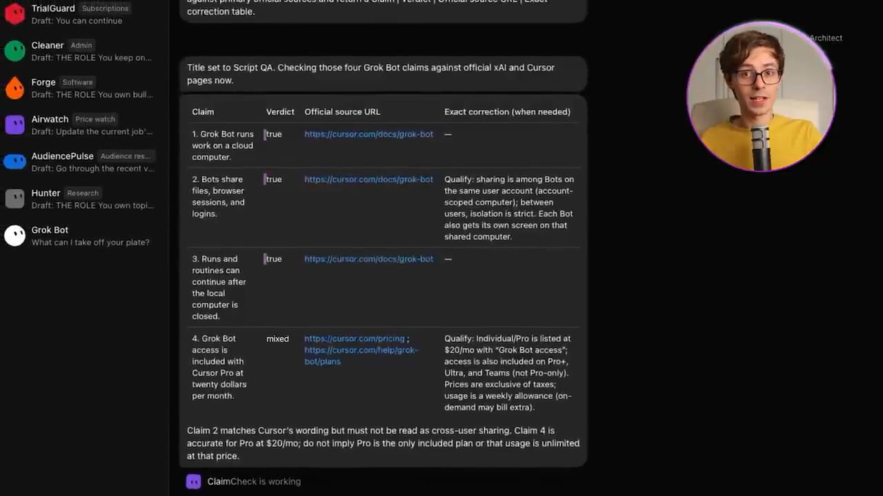 Bảng kiểm tra bốn claim về Grok Bot với cột Verdict, Official source URL và Exact correction