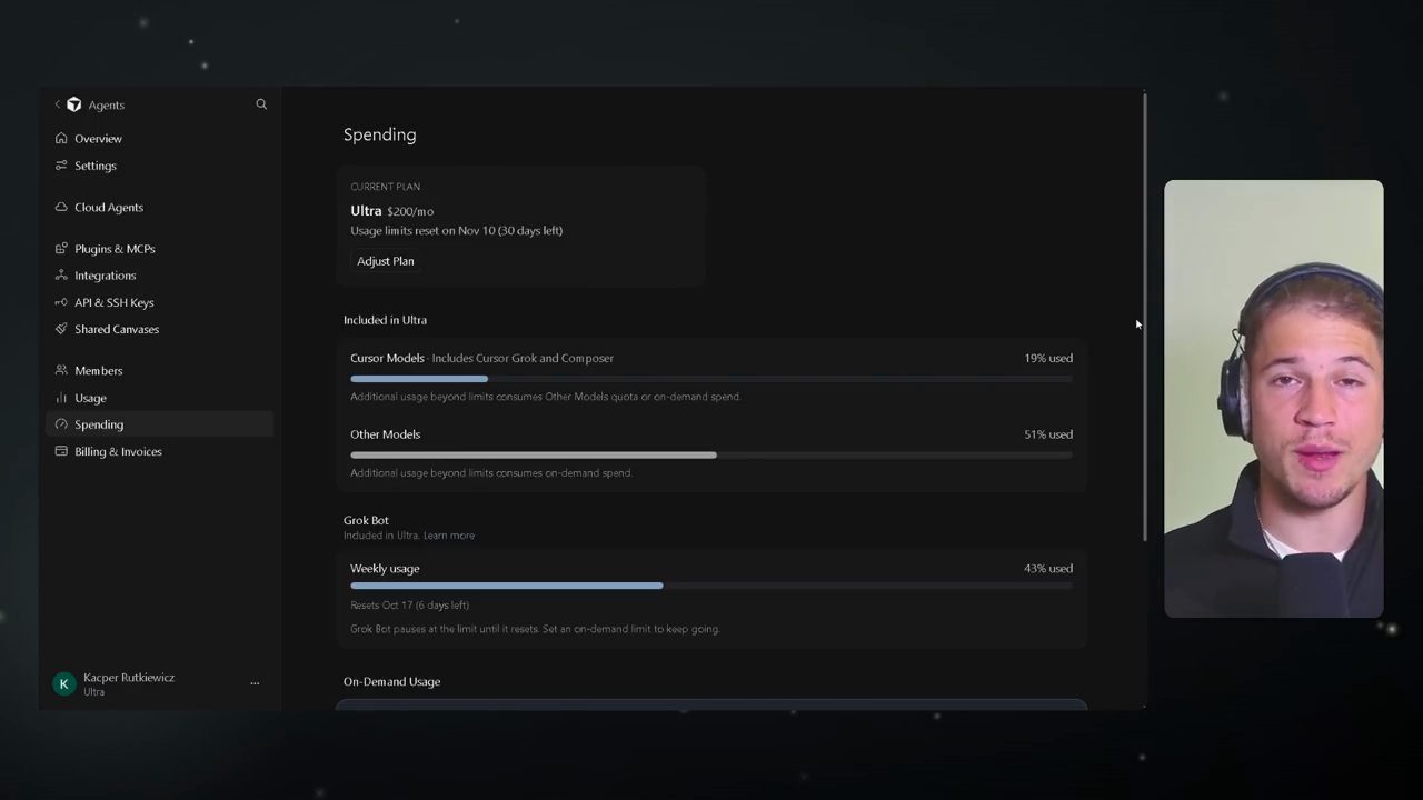 Trang Spending của Cursor: gói Ultra 200 USD mỗi tháng, Cursor Models 19%, Other Models 51%, Grok Bot Weekly usage 43%