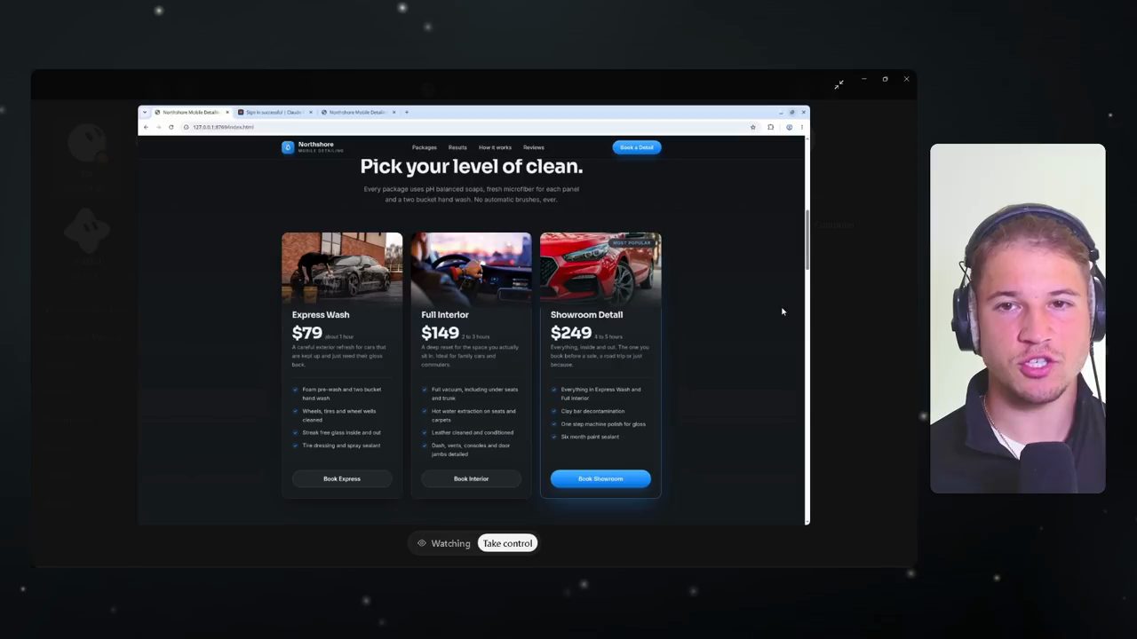 Phần bảng giá của website Northshore: Express Wash 79 USD, Full Interior 149 USD, Showroom Detail 249 USD