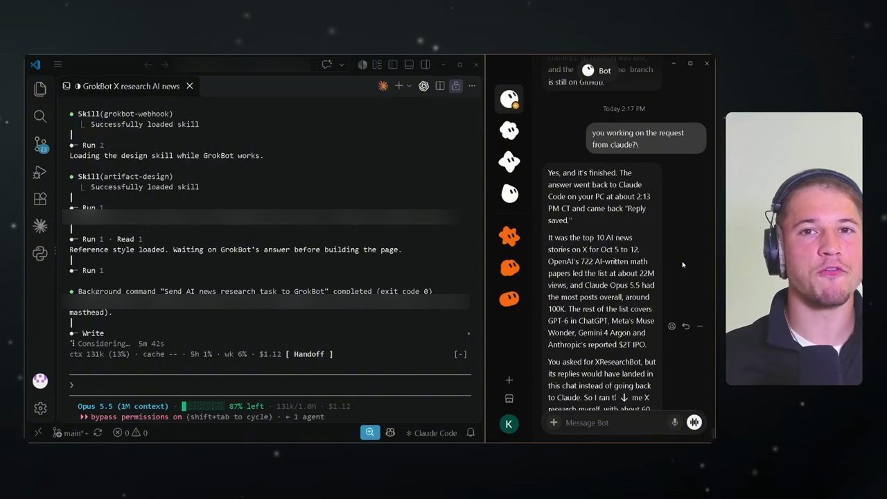 Bên trái là terminal Claude Code với skill grokbot-webhook và artifact-design đã tải, bên phải là GrokBot trả lời rằng việc đã xong