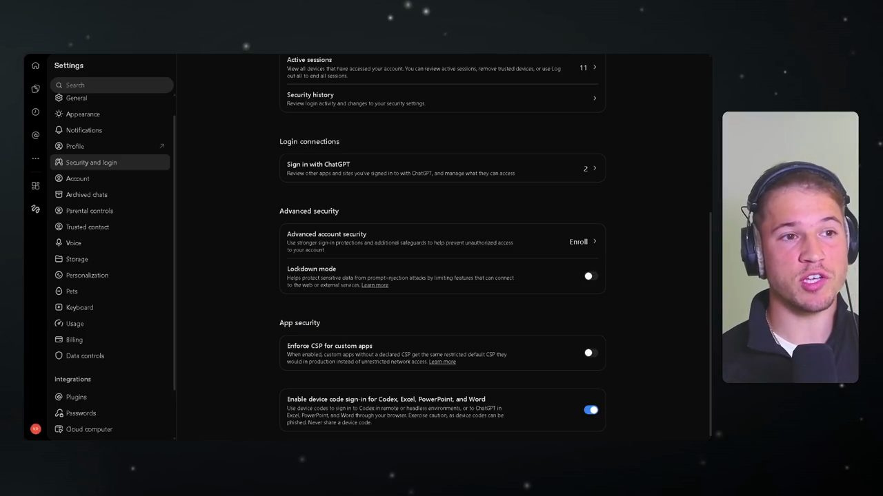 Trang Settings của ChatGPT, mục Security and login, công tắc Enable device code sign-in for Codex, Excel, PowerPoint, and Word đang bật