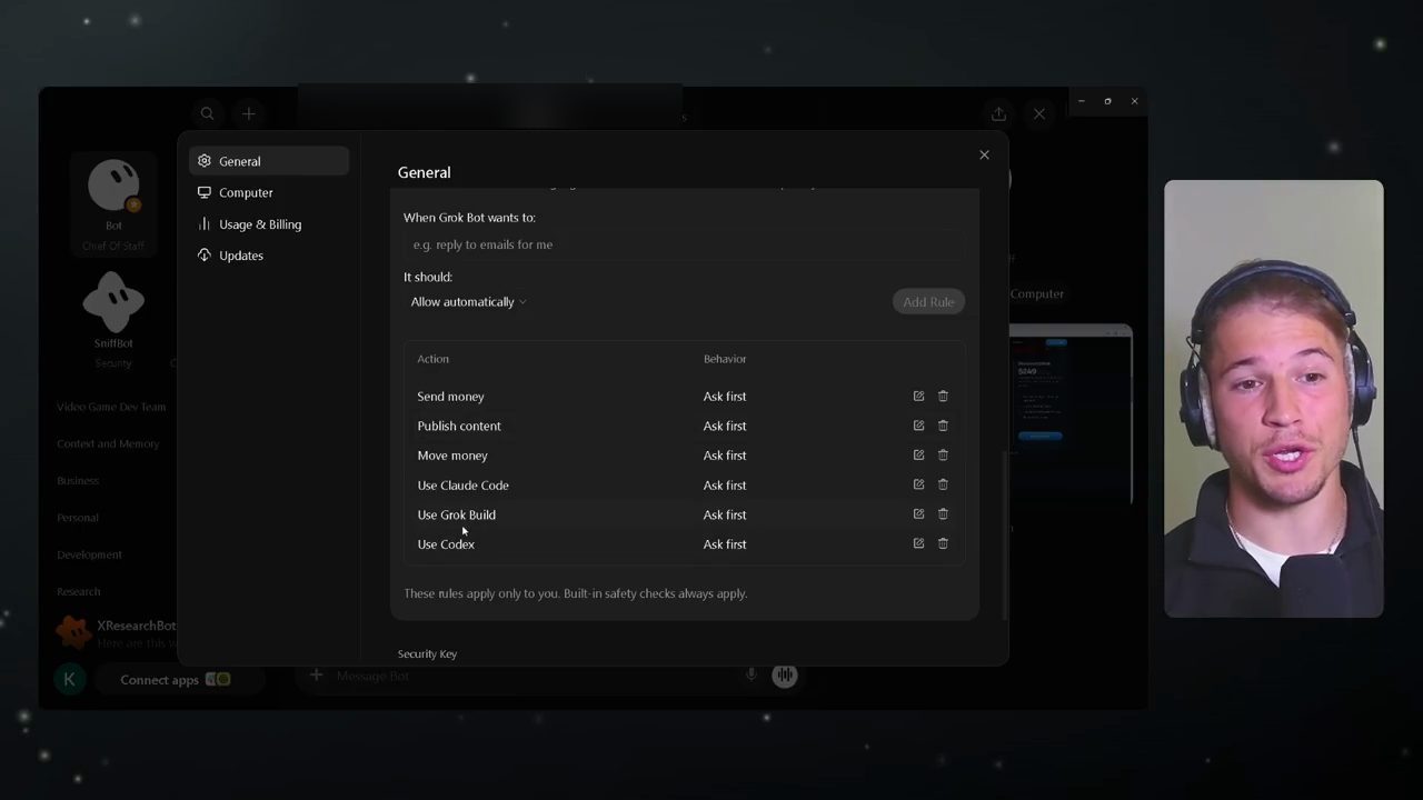 Phần General trong settings của GrokBot với danh sách rule: Send money, Publish content, Move money, Use Claude Code, Use Grok Build, Use Codex đều Ask first
