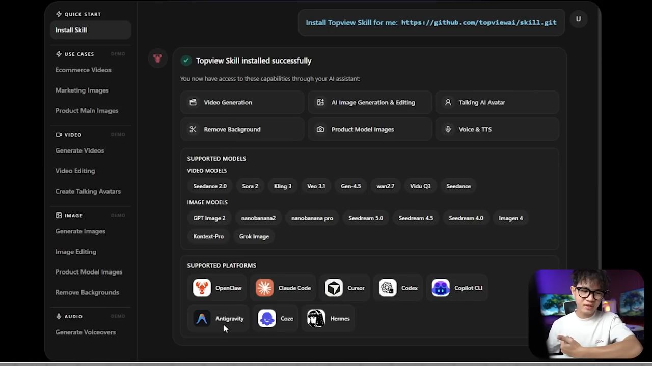 Màn hình Topview Skill installed successfully với danh sách model video, model ảnh và nền tảng hỗ trợ
