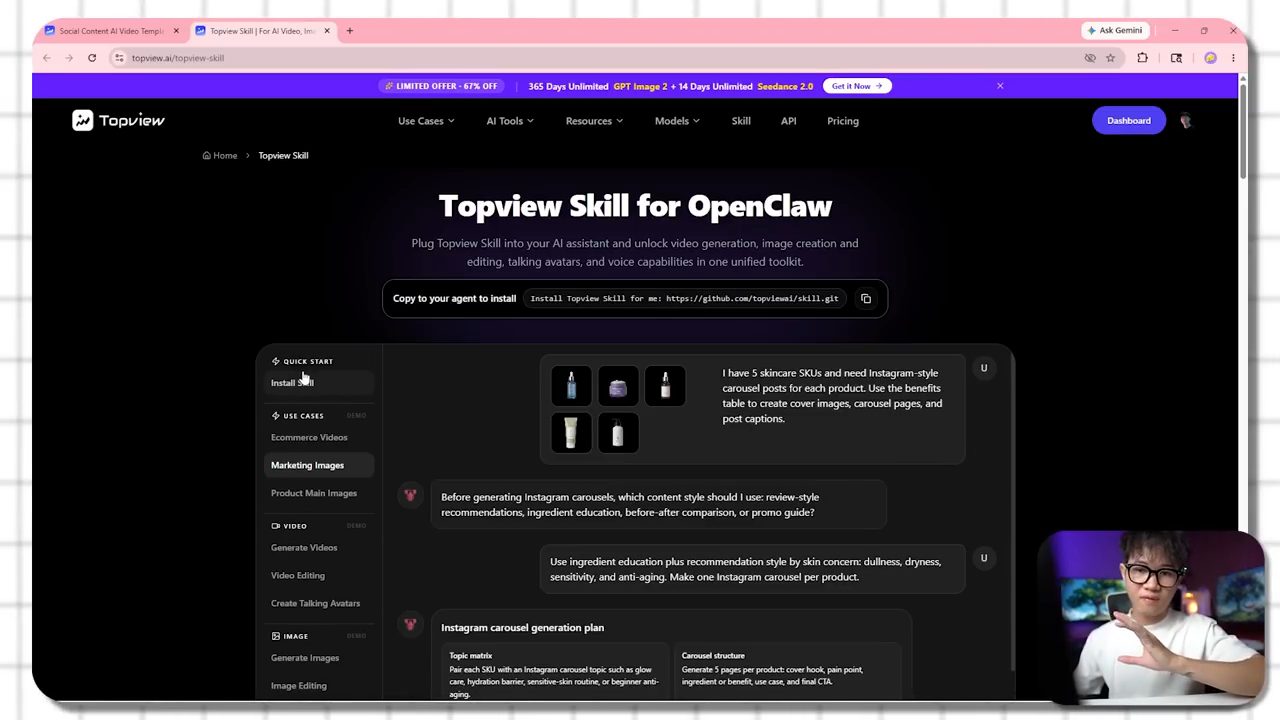 Trang Topview Skill for OpenClaw với dòng lệnh cài đặt và demo Marketing Images