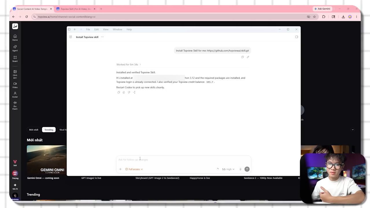 Cửa sổ Codex với kết quả Installed and verified Topview Skill