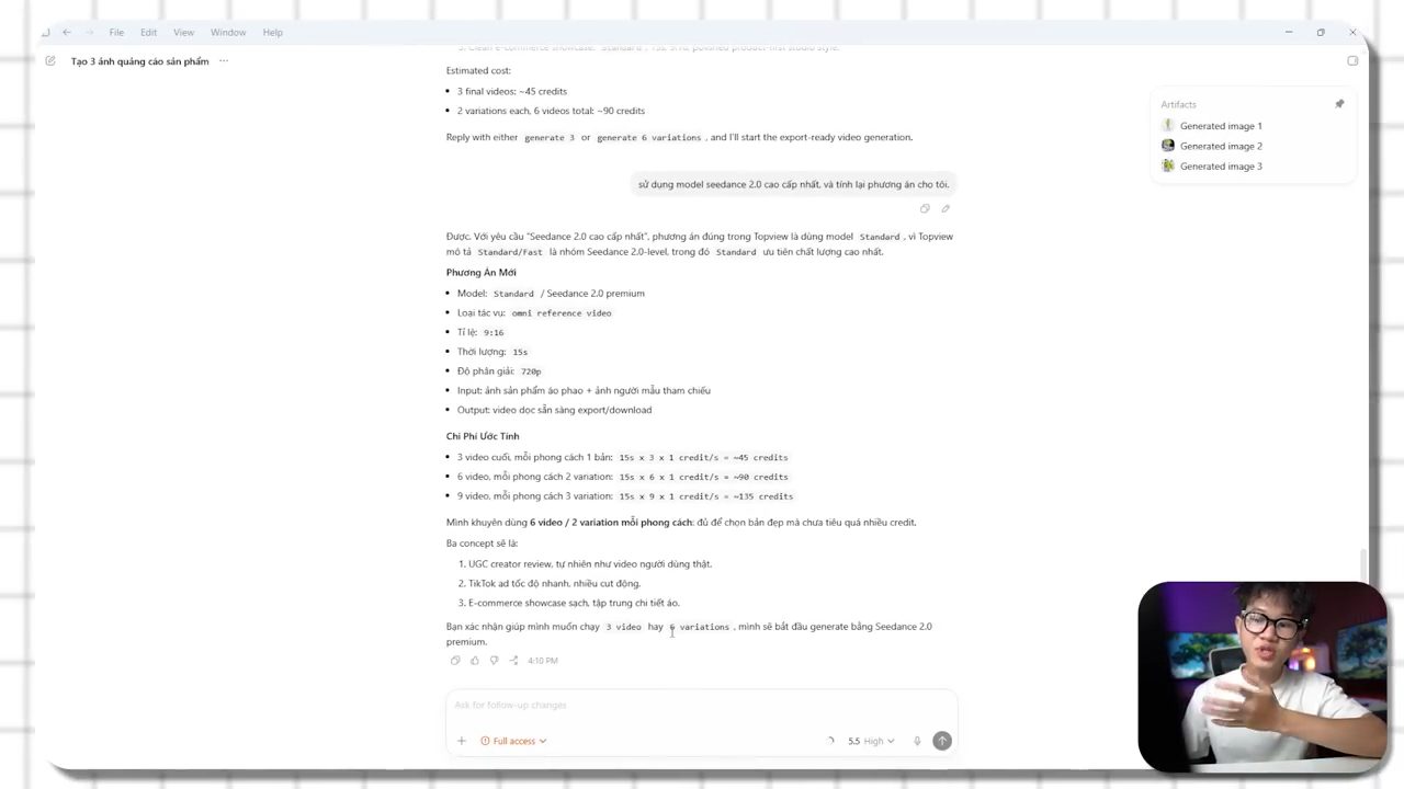 Codex trả lời Phương Án Mới với Seedance 2.0 premium và bảng chi phí ước tính