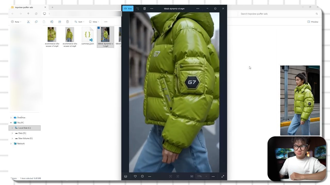 Video TikTok dọc cận cảnh chiếc áo phao xanh cốm với logo 67 trên tay áo
