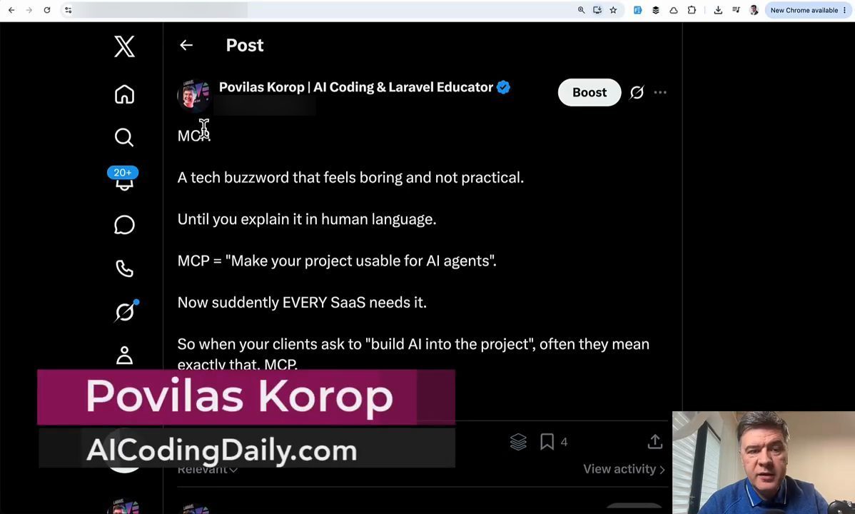 Povilas Korop mở một bài đăng của anh trên X định nghĩa MCP là Make your project usable for AI agents