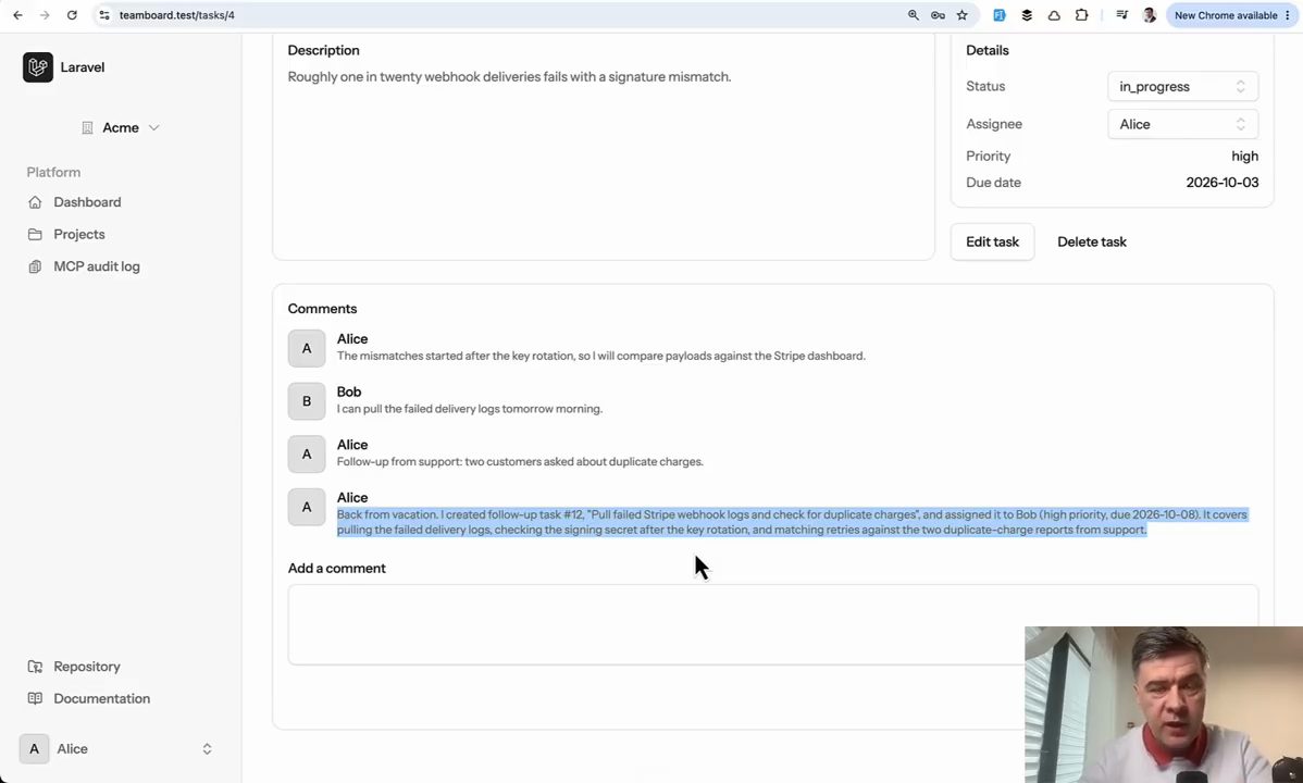 Trang task #4 trong TeamBoard với phần Comments, comment mới nhất của Alice được bôi đen