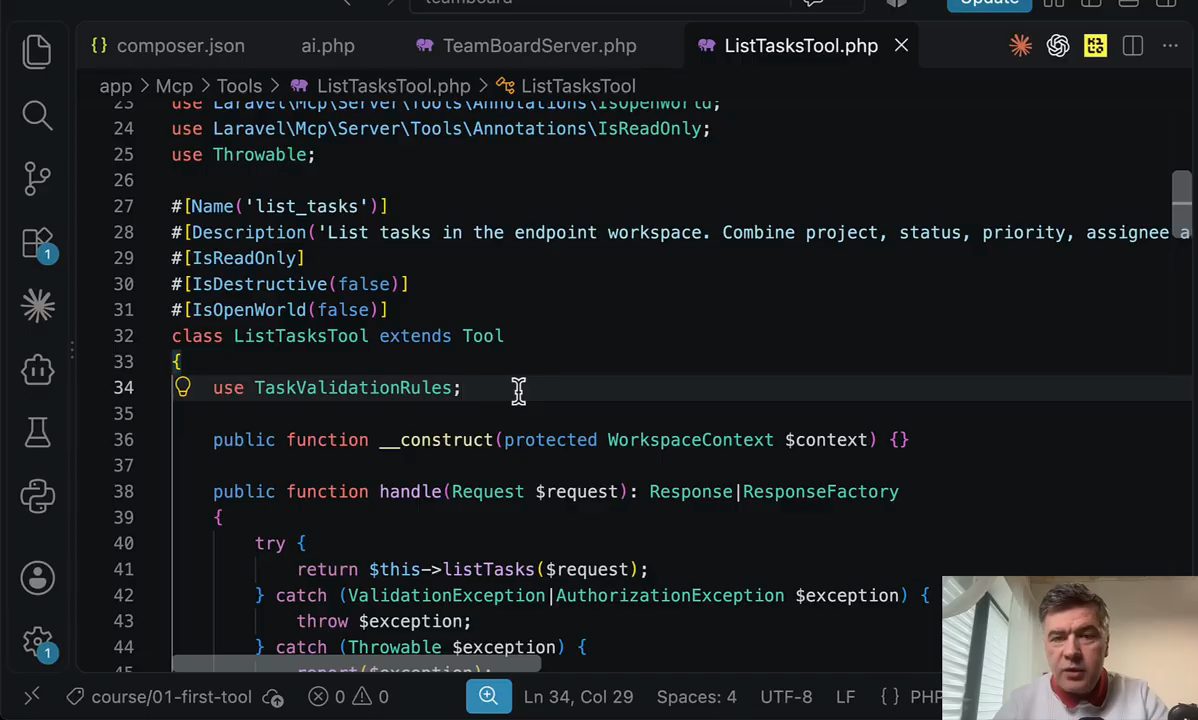 File ListTasksTool.php với các attribute Name, Description, IsReadOnly